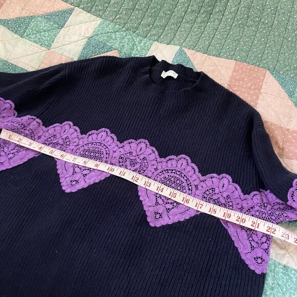 Sandro Paris Wool Lace Insert Sweater Womens 6 Navy Blue Knit Boho Oversized - Picture 5 of 11